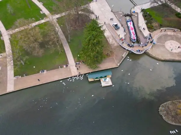 Photo of Narrow boat leaving Bancroft Basin Stratford upon Avon England drone aerial view