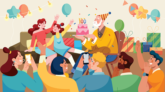 Flat design illustration of old man celebrating his hundredth birthday with his family and friends.