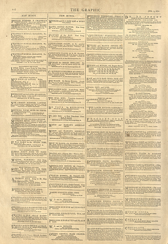 Old page from a Victorian newspapers, notices and adverts, 1870s, 19th Century