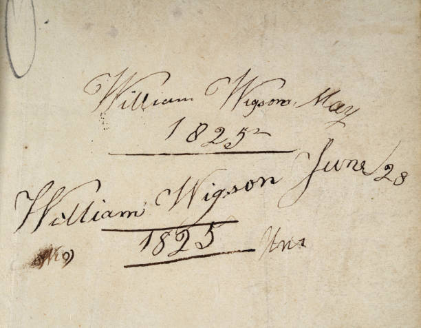 Old vintage handwriting, original, 1825, name, William Wigson, 19th Century ephemera stock photo