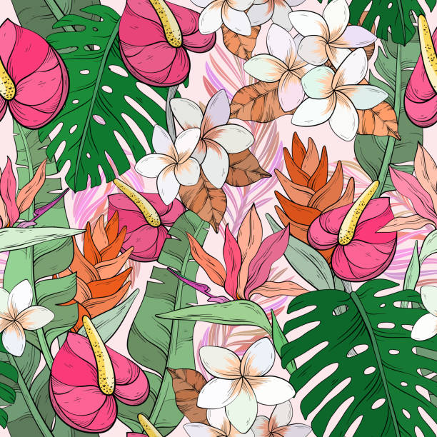 Tropical pattern with bright flowers and leaves vector art illustration