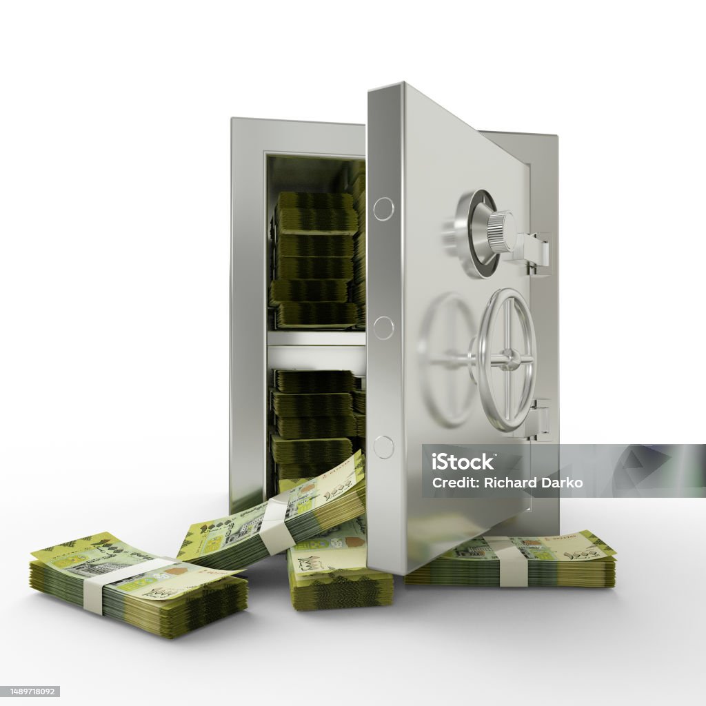 Bundles of Papua New Guinean kina in Steel safe box. 3D rendering of stacks of money inside metallic vault isolated on white background, Financial protection concept, financial safety. Banking Stock Photo