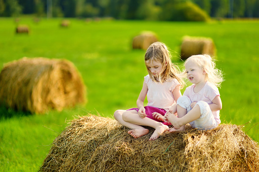 Two little sisters sitting on a haystack in wheat field on warm and sunny summer day