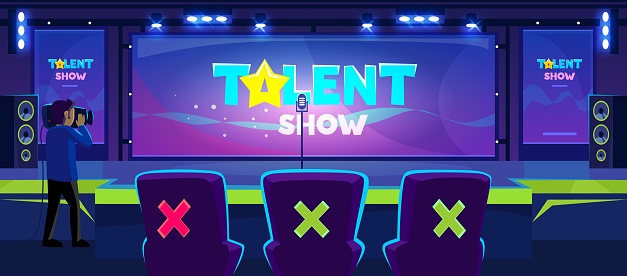 Online tv translation of a talent show stage and celebrity jury behind a desk. Star contest show for people with skills: dancers, singers. Promotion background. Cartoon style vector illustration.