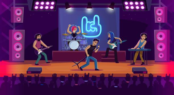 illustrations, cliparts, dessins animés et icônes de groupe de rock se produisant sur scène lors d’un festival de musique. concert de heavy metal - crowd popular music concert music festival people