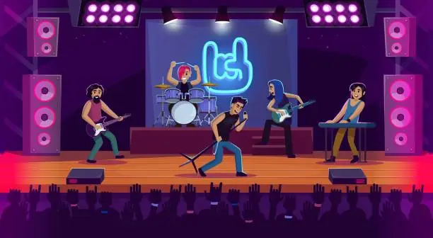 Vector illustration of Rock band performing on stage at a music festival. Heavy metal concert