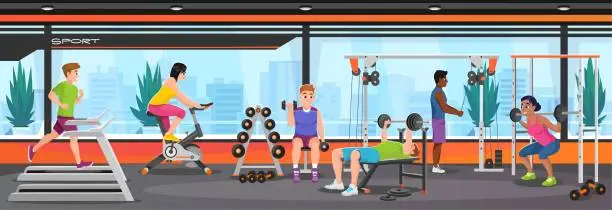 Vector illustration of An interior design of a gym with fitness equipment and people exercise