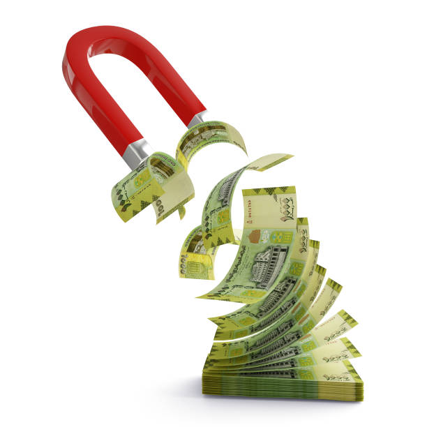 istock 3D rendering of Horseshoe magnet attracting Yemeni Rial notes isolated on white background. Attracting money concept. Strategy for a successful business 1489725392