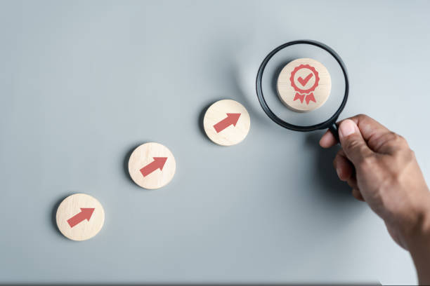 istock Step to Quality Standard approved Assurance or QA and Quality Control or QC and improvement. Standardization. certification. Compliance to regulations service and standards. 1489731444