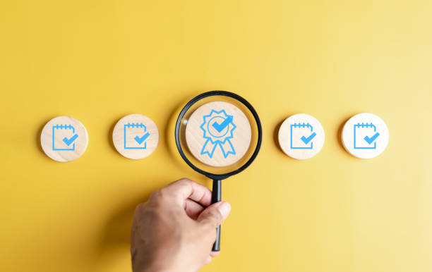 istock Checklist Quality management with Quality Assurance or QA and Quality Control or QC and improvement. Standardization certification. Compliance to regulations service and standards. 1489731453