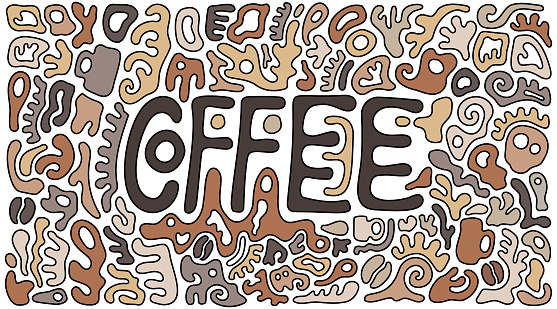 Coffee Typography Doodle with Abstract Shapes in Different Brown Tones, Delicious and Tasty