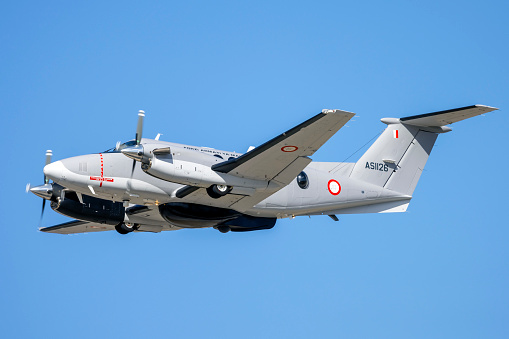 Luqa, Malta - May 11, 2023: Maltese Air Force Hawker Beechcraft B200 King Air (REG: AS1126) departing as \