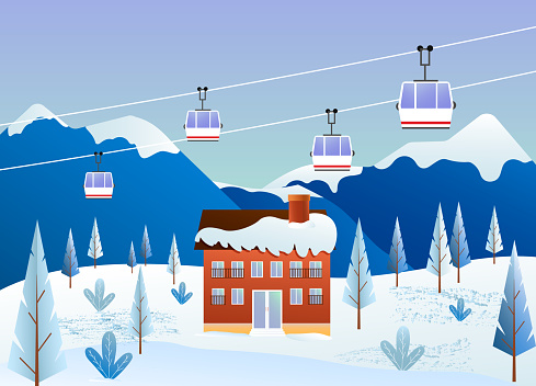 Ski resort. Winter vacation time. Landscape with mountains and hotel. Vector. For posters, advertising flyers, covers and brochures, websites and social networks.
