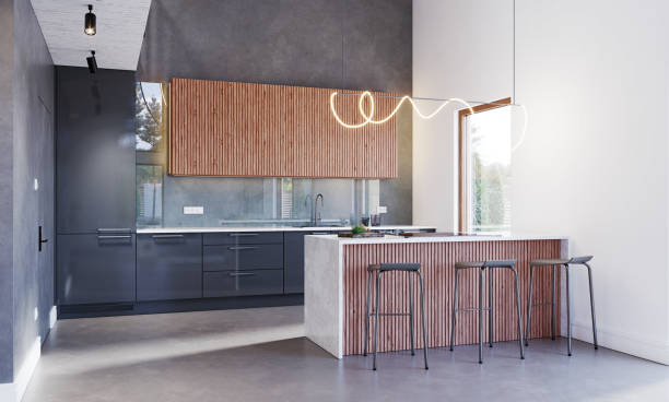 istock The project of a modern kitchen with a panoramic window. 1489740888