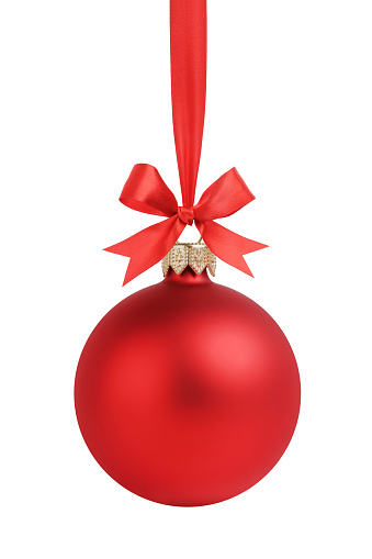 Red Christmas baubles from different angles on white background. Horizontal composition clipping path and with copy space. Front view. Great use as a design element for Christmas related concepts.