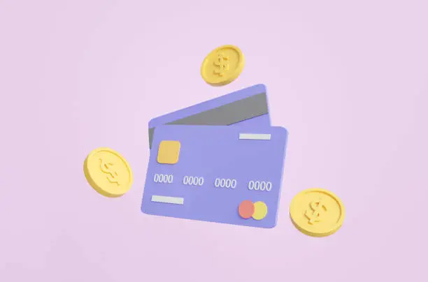 3D credit card and coins icon on isolate purple background.Shopping online and paying by credit card.Payment concept for online shopping, business and finance,banking.3D rendering