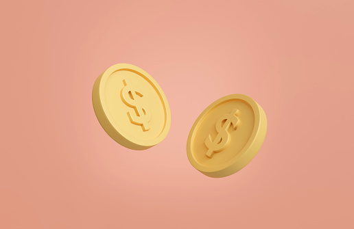 Gold coin on pink background.3D Stack of Gold Coins Icon Isolated.Symbol of investment, savings and business.money management.Saving and money growth concept.Dollar Coin.3D render