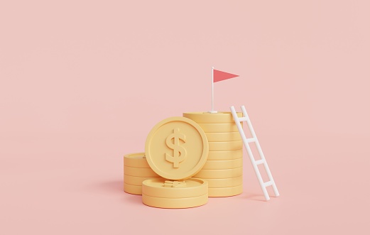 Pile of gold coins on pink background.Symbol of goals in investing.savings and business.money management.Saving and money growth concept.Dollar Coin.3D render,Illustration.