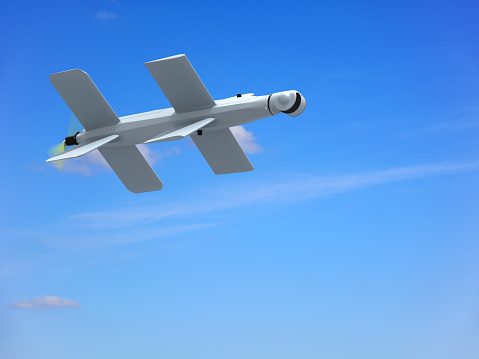 Russian loitering munition autonomous swarm pusher-prop aerial Lancet drone. Digitally Generated Image