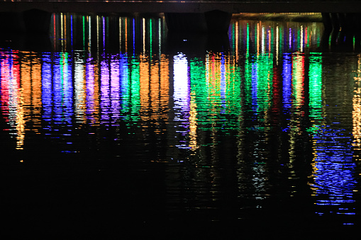 Water reflection of light at night with bokeh effect. Colorful blurred light at night reflected on water. Defocus effect. Travel and night scene, for background use.