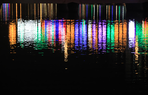 Water reflection of light at night with bokeh effect. Colorful blurred light at night reflected on water. Defocus effect. Travel and night scene, for background use.