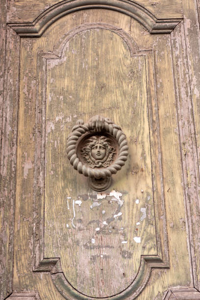 istock Antique Metal Knocker on Brown colored door 1489753186