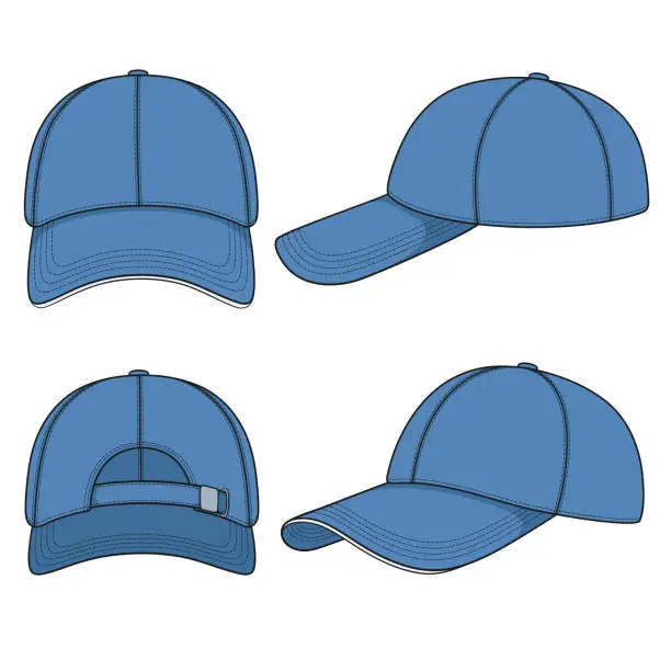 Vector illustration of Set of color illustrations with a blue baseball cap. Isolated vector objects.