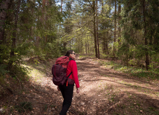 istock Woman hiking with a backpack uphill in the forest. 1489758080