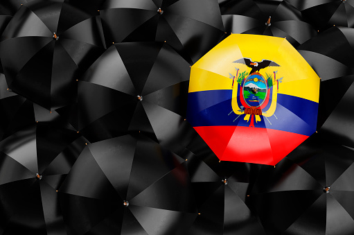 Umbrella with Ecuadorian flag among black umbrellas, top view. 3D rendering