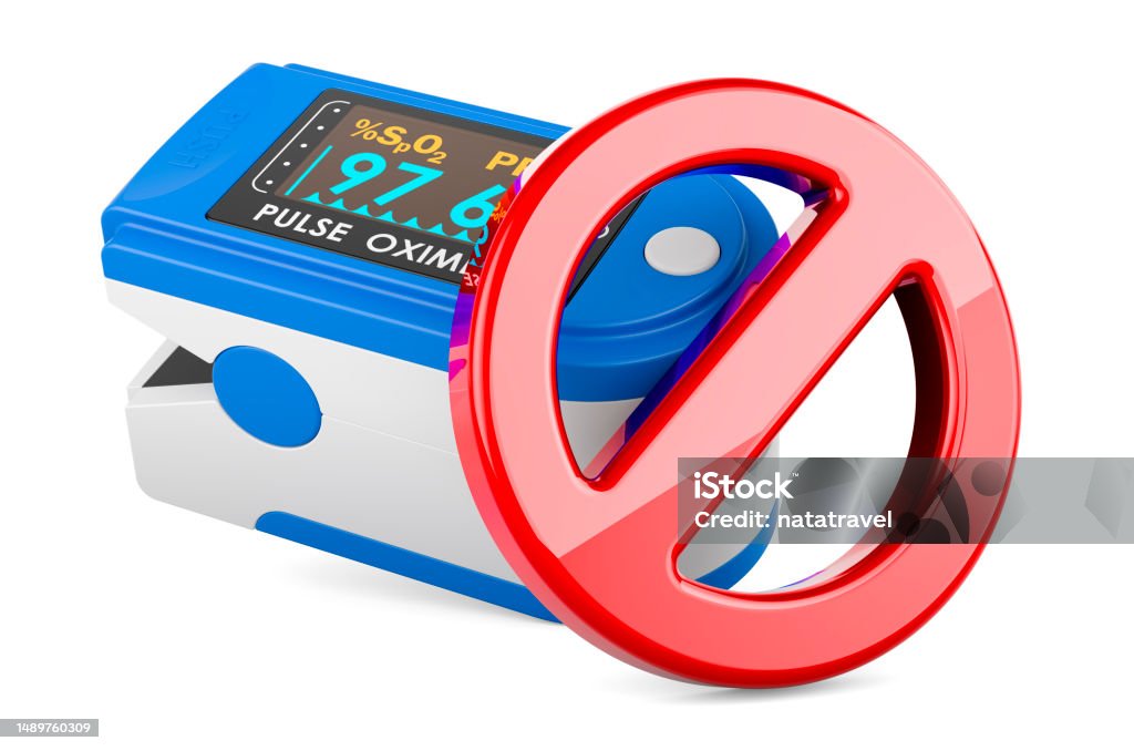 Portable Pulse Oximetry with forbidden symbol, 3D rendering Portable Pulse Oximetry with forbidden symbol, 3D rendering isolated on white background Illustration Stock Photo