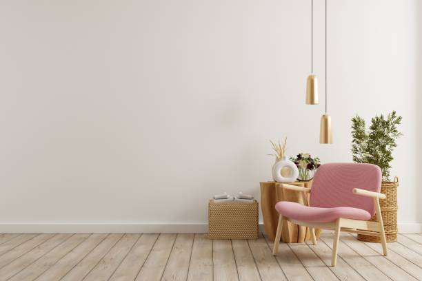 istock The interior has a pink armchair on empty white wall background. 1489762188