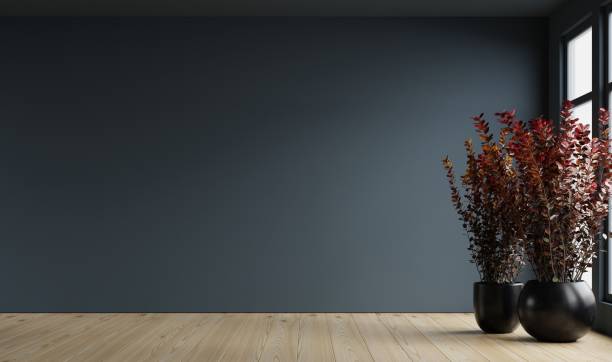 istock Dark blue wall empty room with plants on a floor. 1489762202