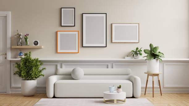 makety rámů různých velikostí na stěně obývacího pokoje. - moderní styly fotky - stock snímky, obrázky a fotky
