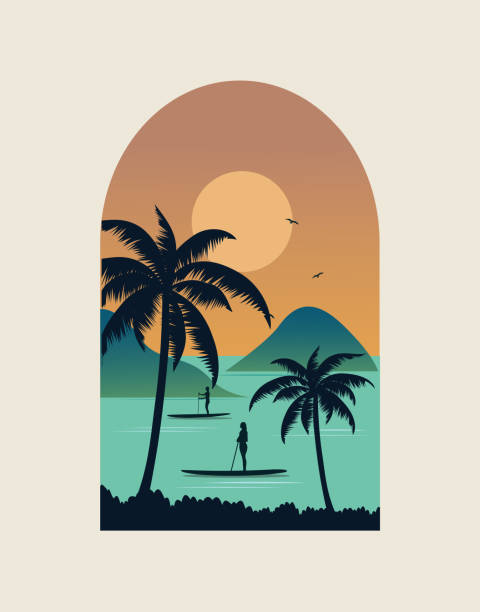 illustrazioni stock, clip art, cartoni animati e icone di tendenza di priorità bassa di viaggio tropicale della spiaggia delle hawaii - horizon over water transportation sailing hawaii islands