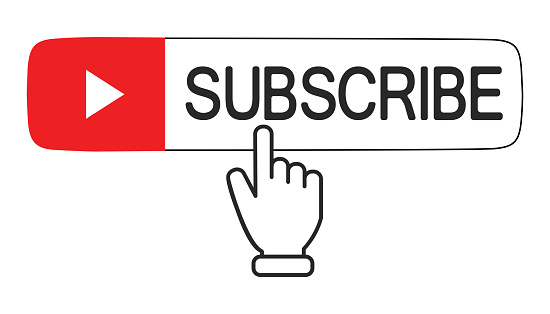 Subscribe button and hand cursor.Red button subscribe to channel, blog. Social media background. Marketing. Vector illustration. EPS 10