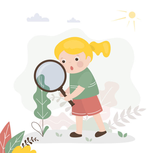 istock Preschool girl uses magnifying glass to study environment. Children curiosity, desire for knowledge and learning new things. Smart female student studying flora 1489772528