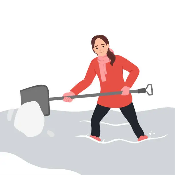 Vector illustration of Person with shovel cleaning and digging out car covered with snow and stuck in it after blizzard. Woman shoveling near auto in snowy storm in winter.