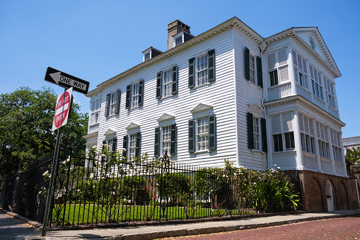Charleston, South Carolina USA - May 3, 2022: Beautiful vintage architecture of the residential French Quarter district.