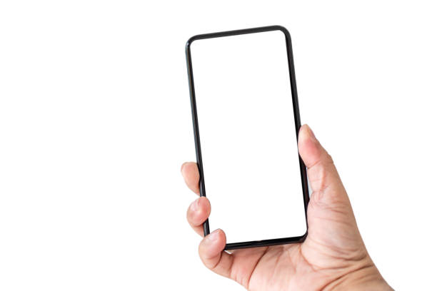 istock Close-up, lonely, selective focus hand holding a smartphone with a white screen and on a white background, concept, technology, communication, online, internet 1489781209