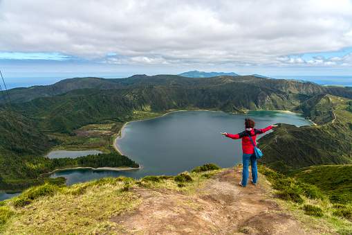 Women at the viewpoint of Lagoa do Fogo Crater Lake San Miguel Island Azores, high angle view.