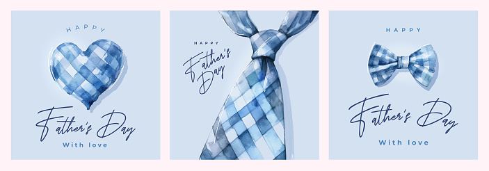 Set of Father's Day greeting cards in blue tones with plaid men's tie, bow tie and heart. Fathers Day modern watercolor illustration for banner, fashion ads, poster, flyer, social media, promo, sale.