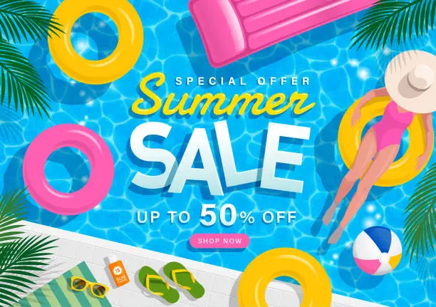 Vector illustration of Summer Sale with girl on rubber ring in swimming pool