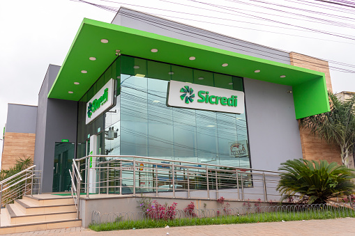 Santarem, Para, Brazil - Mar 11, 2023: bank agency of Sicredi, a credit cooperative.