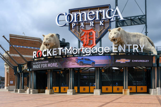 Comerica Park Detroit, Michigan, May 7, 2023: One of the entrances of Comerica Park, home of Major League Baseball's Detroit Tigers. detroit tigers stock pictures, royalty-free photos & images