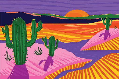 Illustration of a desert bathed by the warm light of sun setting in the horizon