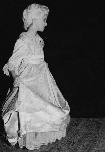 Girl dressed in the style of the Renaissance at stage theater. 1958.