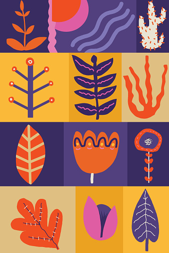 Cutely designed leaves and plants in lively colors