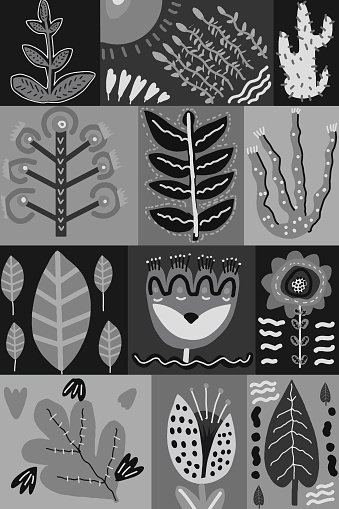 Various illustrated plant in black and white version