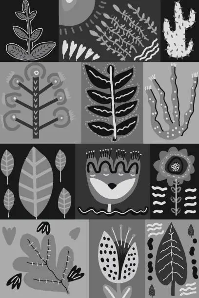 Vector illustration of Black and white collection of plants