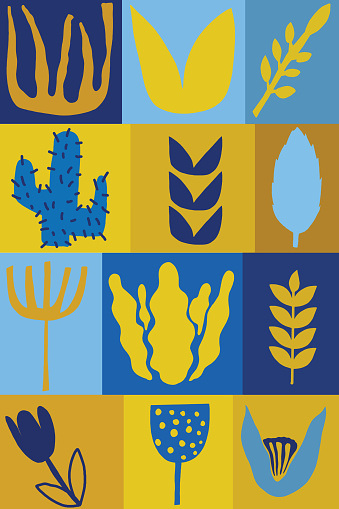 Illustrated plants in blue and yellow color designed as an art poster